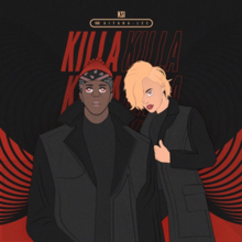 Cartoon illustrations of KSI and Aiyana-Lee, dressed in black clothing, in front of a black and red background. The title "Killa Killa" appears behind them in large red and black font, with the artists' names in small gold font above.