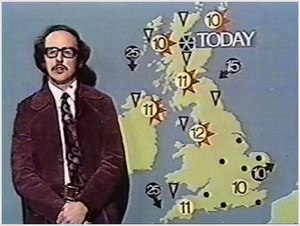 Michael Fish presents a weather forecast in 1974.