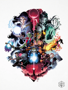 The main characters arranged in a diamond shape with characters towards the top larger than the characters towards the bottom or sides. Standing back to back at the top are Imogen, holding a glowing ball of magic, and Laudna, also casting but with her right hand glowing black and green. Back to back directly below are Ashton, wielding their crystal battleaxe, and Fearne, casting fire magic. In the middle directly below them is Fresh Cut Grass with a a glowing orb between their hands. To the right of them is Chetney who is leaping with a dagger with a large werewolf head behind him and to the left of them is Orym who is similarly launching himself with sword and shield in hand. At the bottom is the red glowing Malleus Key which is shooting a direct line to the top of the poster dividing the poster in half but the line goes behind FCG; the line connects to the red moon Ruidus at the top of the poster. The Critical Role logo is at the bottom right of the poster.