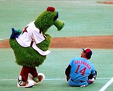 The Phillie Phanatic with the Montreal Expos' Andres Galarraga in 1987 Phillies Phanatic5.jpg