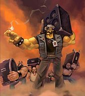 Painted artwork, featuring a very muscular man in a jeans-vest, t-shirt, and pants, with dark glasses and cowboy hat, holding a speaker on his shoulder; three other figures in the background, dressed similarly, are also carrying speakers.