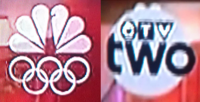 A partially transparent NBC logo is seen on the left. An opaque, grey CTV Two bug partially covering the NBC logo is seen on the right. CTVTwosimsub.png