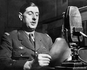 General de Gaulle speaking on BBC Radio during...