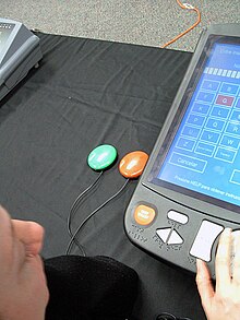 A Hart eSlate DRE voting machine with jelly buttons for people with manual dexterity disabilities Jellybuttons.jpg