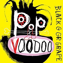 The black outline of a head against a yellow background. The word "pop" resembles eyes and a nose, while a mouth is made with the word "Voodoo" resembling teeth.