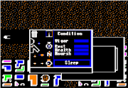 The windowing system created for SunDog was inpired by the Apple Lisa user interface.  Here in the Apple II version of the game, two windows are superimposed on the view of a city.