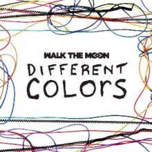 A white cover with multiple cords of various colors surrounding its borders. Walk the Moon's logo and the title of the track "Different Colors" are in the center of the image.