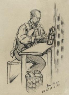 Charcoal sketch of Hồ Chí Minh at work in the Việt Bắc, by artist Phan Kế An, 27 November 1948