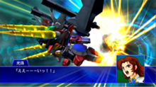 A screenshot of Super Robot Wars XO, showing the player engaging in combat with an enemy robot.