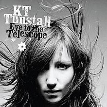 A greyscale close-up of Tunstall. The title "Eye to the Telescope" and her name "KT Tunstall" are stylised in the top left corner.