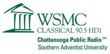 Stylized Panthenon with the text WSMC Classical 90.5 HD 1, Chattanooga Public Radio, Southern Adventist University