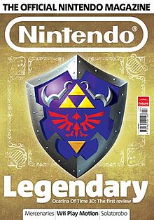 Magazine cover features an image of a Hylian shield from The Legend of Zelda and the text 'Legendary - Ocarina of Time 3D: The first review'.