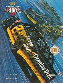 The 1991 Miller Genuine Draft 400 program cover, featuring Rusty Wallace. Artwork by NASCAR artist Sam Bass.
