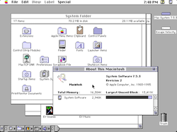 System 7 was the first major upgrade of the Macintosh operating system. Note that the display is in 8-bit color.