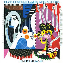 Various geometric shapes that resemble a person and zipper-like creatures. The words "ELVIS COSTELLO and the ATTRACTIONS" appear at the top while "IbMePdErRoIoAmL" appears at the bottom.