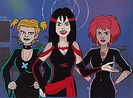 The Hex Girls as they appear in Scooby-Doo and the Witch's Ghost; from left to right Dusk (Jane Wiedlin), Thorn (Jennifer Hale), and Luna (Kimberly Brooks).