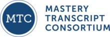 A solid blue circle containing the letters "MTC" with a slightly larger thin blue outline of a circle around it. To the right of the circle are the words "Mastery Transcript Consortium."