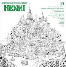 A highly detailed black-and-white drawing of a city. The album's and artists' names, track list, and credits, are printed in green.