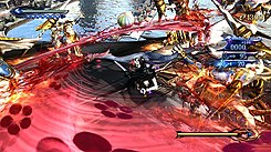 Screenshot of the protagonist Bayonetta fighting a group of angelic enemies in the opening level of the game.
