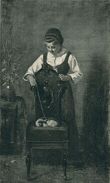 Black and white photo of a painting featuring a young girl poking a cat while it sleeps in a chair.