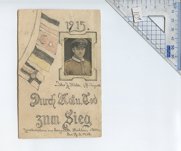 File:German postcard with flags, motto, & portrait-photograph of a German Soldier.WWI-era postcard art.Wittig collection.item 52.obverse.scan.jpg