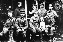 Hitler (farthest left at bottom row) posing with other German soldiers and their dog Fuchsl Hitler with other German soldiers.jpg