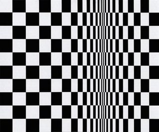 Black and light grey checkered pattern of squares that is horizontally shrunk at one third to the right side of the image