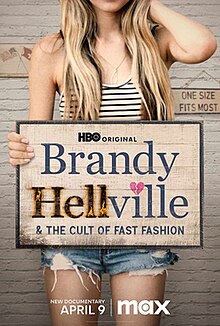 Movie poster for Brandy Hellville. A thin blonde girl wearing ripped denim shorts and a tank top with black-and-white stripes is holding a large wooden sign with the name of the movie. A smaller sign in the background says "One Size Fits Most."