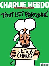 14 January 2015 cover of Charlie Hebdo rendered in the same style as the 3 November 2011 one. It depicts Muhammad holding a sign saying Je suis Charlie and the caption "All is forgiven". Charlie Hebdo Tout est pardonne.jpg