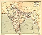 The trunk lines (shown in red on a 1908 railway map of India) proposed by the Governor-General of India, Lord Dalhousie in his Railway minute of 1853.