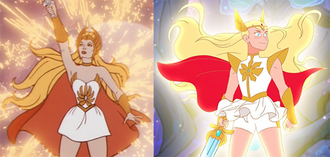 She-Ra in the 1985 series (left) and her 2018 redesign (right) that triggered debate on social media. She-Ra comparison.png