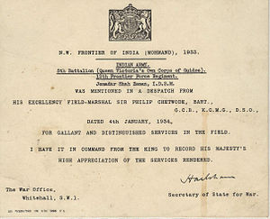 Appreciation letter by King George V.