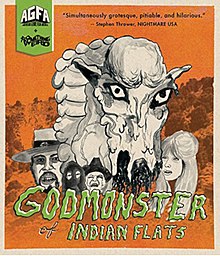 Cover of 2018 Blu-ray release of "Godmonster of Indian Flats." A black and white drawing of a large sheep-monster is on an orange background, along with drawings of two men wearing hats, one woman, and one figure wearing a black hood. In green text underneath the drawing it says "Godmonster of Indian Flats." At the top of the image, "AGFA + Something Weird" appears in a green box. In black text at the top, the image says "'Simultaneously grotesque, pitiable, and hilarious.' -- Stephen Thrower, NIGHTMARE USA".