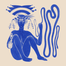 A seated, nude blue figure wearing an elaborate, stylised headdress and holding a long snake.