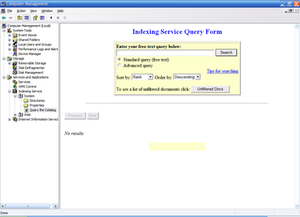 Formulář dotazu na indexovací službu, který se používá k dotazování na katalogy indexovacích služeb, hostovaný v konzole Microsoft Management Console.