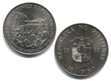 10-peso coin commemorating the People Power Revolution People Power Revolution commemorative 10-peso coin obverse and reverse.png
