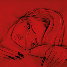 Cover art for "When the Party's Over": a cartoon drawing of a crying woman on the floor, over a crimson-red background