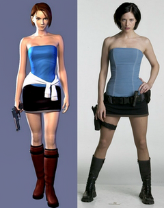 A comparison of a computer graphics model with a live model, dressed in a similar costume. They both wear knee-high boots, a black miniskirt and a blue tube top