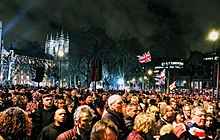 Thousands gather in Parliament Square to mark the moment that the UK officially leaves the EU at 23:00 on 31 January 2020 Brexit crowds in Parliament Square.jpg