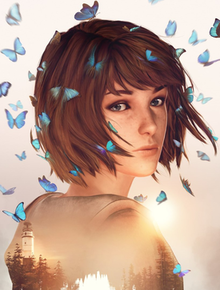 A portrait of a girl with short brown hair. Her back is turned as she looks towards the camera; surrounding her are various blue butterflies. A photo of a lighthouse and surrounding trees are overlaid on her white shirt.
