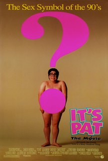 A large person stands naked in the center of the poster, with a big pink question mark covering their body