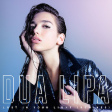 Dua Lipa wearing a scaled jacket, resting her head on her hand with wet hair over a blue-purple background. The song title appears at the bottom and her name appears above it in big block letters.