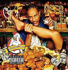 The album cover shows Ludacris is holding a woman's leg and a salt container. There was chicken drumsticks and two bottles of beer.