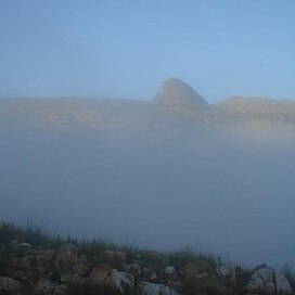 A photo of Cockscomb peak rising out of the mist