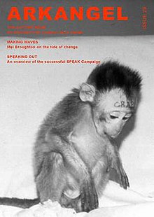 Arkangel Magazine #29. The front cover features the image of a macaque with the word "crap" written on his head, taken during a daylight raid by the Animal Liberation League, inside a Royal College of Surgeons (RCS) research facility in Kent, England, 1984. Issue 29 Arkangel Magazine Cover.jpg
