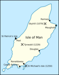 Map of Mann, showing the location of St. Michael's Isle and Castle Rushen.