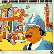 Muddy Waters dressed as an English constable, in front of musicians on a bus, with London in the background