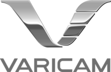 Logo for Varicam, accompanied by "VARICAM" text below logo. The logo is a stylized capital "V", colored sliver.