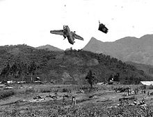 C-7 Caribou 62-4161 plunges to earth after being struck by US Army artillery, 3 August 1967. Photo by Hiromichi Mine. Caribou Ha Thahn.jpg