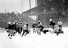 For football, special stands in right field (at left here) brought fans close to action. Eagles won the 1948 NFL title in the snow at Shibe Park EaglesChampGameShibe1948.jpg